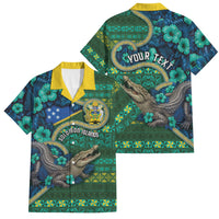 Personalised Solomon Islands Independence Day Family Matching Short Sleeve Bodycon Dress and Hawaiian Shirt Crocodile Hibiscus Tribal Pattern DT05 Dad's Shirt - Short Sleeve Green - Polynesian Pride