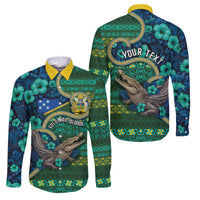 Personalised Solomon Islands Independence Day Family Matching Short Sleeve Bodycon Dress and Hawaiian Shirt Crocodile Hibiscus Tribal Pattern DT05 Dad's Shirt - Long Sleeve Green - Polynesian Pride