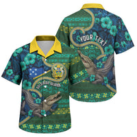 Personalised Solomon Islands Independence Day Family Matching Short Sleeve Bodycon Dress and Hawaiian Shirt Crocodile Hibiscus Tribal Pattern DT05 Son's Shirt Green - Polynesian Pride