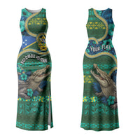 Personalised Solomon Islands Independence Day Family Matching Tank Maxi Dress and Hawaiian Shirt Crocodile Hibiscus Tribal Pattern DT05 Mom's Dress Green - Polynesian Pride