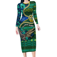 Personalised Solomon Islands Independence Day Long Sleeve Bodycon Dress Crocodile Hibiscus Tribal Pattern DT05 Long Dress Green - Polynesian Pride
