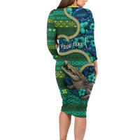 Personalised Solomon Islands Independence Day Long Sleeve Bodycon Dress Crocodile Hibiscus Tribal Pattern DT05 - Polynesian Pride