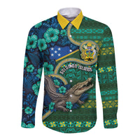 Personalised Solomon Islands Independence Day Long Sleeve Button Shirt Crocodile Hibiscus Tribal Pattern DT05 Unisex Green - Polynesian Pride