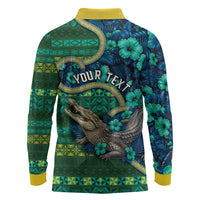 Personalised Solomon Islands Independence Day Long Sleeve Polo Shirt Crocodile Hibiscus Tribal Pattern