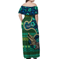 Personalised Solomon Islands Independence Day Off Shoulder Maxi Dress Crocodile Hibiscus Tribal Pattern DT05 - Polynesian Pride