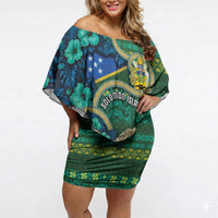 Personalised Solomon Islands Independence Day Off Shoulder Short Dress Crocodile Hibiscus Tribal Pattern DT05 Women Green - Polynesian Pride