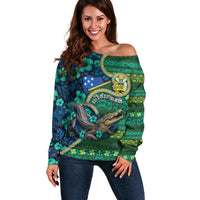 Personalised Solomon Islands Independence Day Off Shoulder Sweater Crocodile Hibiscus Tribal Pattern