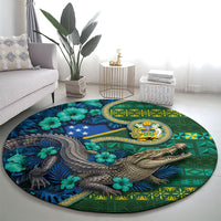 Solomon Islands Independence Day Round Carpet Crocodile Hibiscus Tribal Pattern