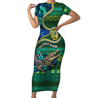 Personalised Solomon Islands Independence Day Short Sleeve Bodycon Dress Crocodile Hibiscus Tribal Pattern