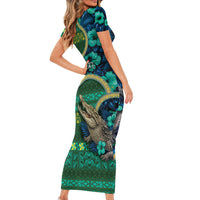 Personalised Solomon Islands Independence Day Short Sleeve Bodycon Dress Crocodile Hibiscus Tribal Pattern DT05 - Polynesian Pride