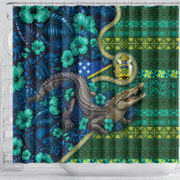 Solomon Islands Independence Day Shower Curtain Crocodile Hibiscus Tribal Pattern