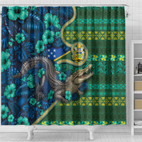 Solomon Islands Independence Day Shower Curtain Crocodile Hibiscus Tribal Pattern