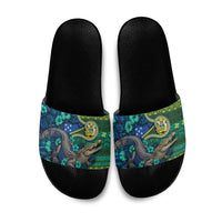 Solomon Islands Independence Day Slide Sandals Crocodile Hibiscus Tribal Pattern