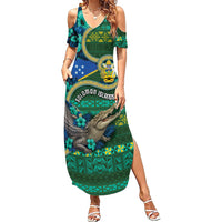 Personalised Solomon Islands Independence Day Summer Maxi Dress Crocodile Hibiscus Tribal Pattern DT05 Women Green - Polynesian Pride