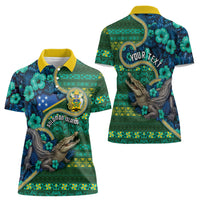 Personalised Solomon Islands Independence Day Women Polo Shirt Crocodile Hibiscus Tribal Pattern