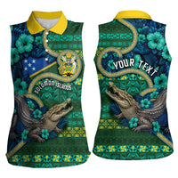 Personalised Solomon Islands Independence Day Women Sleeveless Polo Shirt Crocodile Hibiscus Tribal Pattern