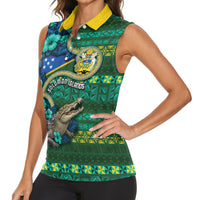 Personalised Solomon Islands Independence Day Women Sleeveless Polo Shirt Crocodile Hibiscus Tribal Pattern