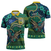 Personalised Solomon Islands Independence Day Zipper Polo Shirt Crocodile Hibiscus Tribal Pattern DT05 - Polynesian Pride