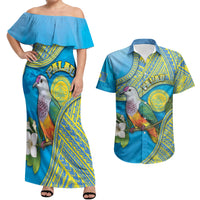 Personalised Palau Biib Bird Couples Matching Off Shoulder Maxi Dress and Hawaiian Shirt Rur Flower And Rock Islands Patterns DT05 Blue - Polynesian Pride