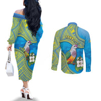 Personalised Palau Biib Bird Couples Matching Off The Shoulder Long Sleeve Dress and Long Sleeve Button Shirt Rur Flower And Rock Islands Patterns