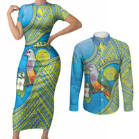 Personalised Palau Biib Bird Couples Matching Short Sleeve Bodycon Dress and Long Sleeve Button Shirt Rur Flower And Rock Islands Patterns DT05 Blue - Polynesian Pride