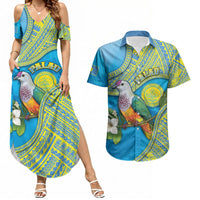 Personalised Palau Biib Bird Couples Matching Summer Maxi Dress and Hawaiian Shirt Rur Flower And Rock Islands Patterns DT05 Blue - Polynesian Pride