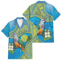 Personalised Palau Biib Bird Family Matching Off The Shoulder Long Sleeve Dress and Hawaiian Shirt Rur Flower And Rock Islands Patterns DT05 Dad's Shirt - Short Sleeve Blue - Polynesian Pride