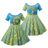 Personalised Palau Biib Bird Family Matching Off The Shoulder Long Sleeve Dress and Hawaiian Shirt Rur Flower And Rock Islands Patterns DT05 Daughter's Dress Blue - Polynesian Pride