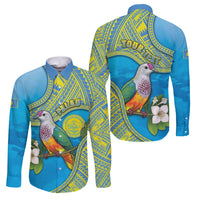 Personalised Palau Biib Bird Family Matching Off Shoulder Short Dress and Hawaiian Shirt Rur Flower And Rock Islands Patterns DT05 Dad's Shirt - Long Sleeve Blue - Polynesian Pride
