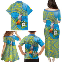 Personalised Palau Biib Bird Family Matching Puletasi and Hawaiian Shirt Rur Flower And Rock Islands Patterns DT05 Mom's Dress Blue - Polynesian Pride