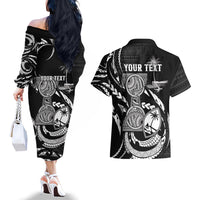 Personalised Guam Liberation Day Couples Matching Off The Shoulder Long Sleeve Dress and Hawaiian Shirt Black White Latte Stone Tribal Patterns DT05 - Polynesian Pride