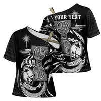 Personalised Guam Liberation Day Cross Shoulder Shirt Black White Latte Stone Tribal Patterns