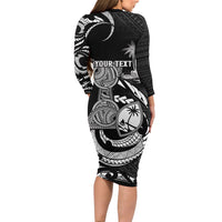 Personalised Guam Liberation Day Family Matching Long Sleeve Bodycon Dress and Hawaiian Shirt Black White Latte Stone Tribal Patterns