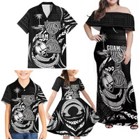 Personalised Guam Liberation Day Family Matching Off Shoulder Maxi Dress and Hawaiian Shirt Black White Latte Stone Tribal Patterns DT05 - Polynesian Pride