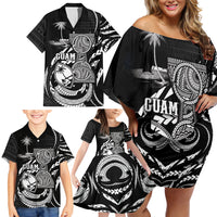 Personalised Guam Liberation Day Family Matching Off Shoulder Short Dress and Hawaiian Shirt Black White Latte Stone Tribal Patterns DT05 - Polynesian Pride