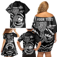 Personalised Guam Liberation Day Family Matching Off Shoulder Short Dress and Hawaiian Shirt Black White Latte Stone Tribal Patterns