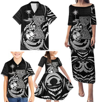 Personalised Guam Liberation Day Family Matching Puletasi and Hawaiian Shirt Black White Latte Stone Tribal Patterns