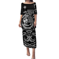 Personalised Guam Liberation Day Family Matching Puletasi and Hawaiian Shirt Black White Latte Stone Tribal Patterns