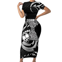 Personalised Guam Liberation Day Family Matching Short Sleeve Bodycon Dress and Hawaiian Shirt Black White Latte Stone Tribal Patterns