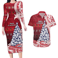 American Samoa Christmas Couples Matching Long Sleeve Bodycon Dress and Hawaiian Shirt Seashell Xmas Tree Tribal Waves - Polynesian Pride