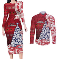 American Samoa Christmas Couples Matching Long Sleeve Bodycon Dress and Long Sleeve Button Shirt Seashell Xmas Tree Tribal Waves DT05 Red - Polynesian Pride