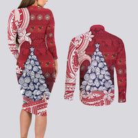 American Samoa Christmas Couples Matching Long Sleeve Bodycon Dress and Long Sleeve Button Shirt Seashell Xmas Tree Tribal Waves DT05 - Polynesian Pride