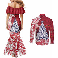 American Samoa Christmas Couples Matching Mermaid Dress and Long Sleeve Button Shirt Seashell Xmas Tree Tribal Waves - Polynesian Pride