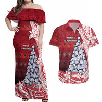 American Samoa Christmas Couples Matching Off Shoulder Maxi Dress and Hawaiian Shirt Seashell Xmas Tree Tribal Waves DT05 Red - Polynesian Pride