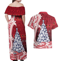 American Samoa Christmas Couples Matching Off Shoulder Maxi Dress and Hawaiian Shirt Seashell Xmas Tree Tribal Waves DT05 - Polynesian Pride