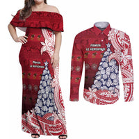 American Samoa Christmas Couples Matching Off Shoulder Maxi Dress and Long Sleeve Button Shirt Seashell Xmas Tree Tribal Waves DT05 Red - Polynesian Pride