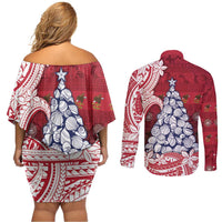 American Samoa Christmas Couples Matching Off Shoulder Short Dress and Long Sleeve Button Shirt Seashell Xmas Tree Tribal Waves DT05 - Polynesian Pride