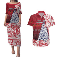 American Samoa Christmas Couples Matching Puletasi and Hawaiian Shirt Seashell Xmas Tree Tribal Waves DT05 Red - Polynesian Pride
