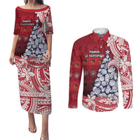 American Samoa Christmas Couples Matching Puletasi and Long Sleeve Button Shirt Seashell Xmas Tree Tribal Waves DT05 Red - Polynesian Pride