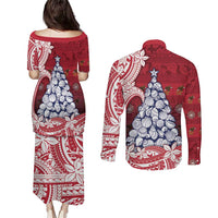 American Samoa Christmas Couples Matching Puletasi and Long Sleeve Button Shirt Seashell Xmas Tree Tribal Waves DT05 - Polynesian Pride